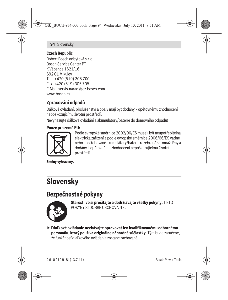 Slovensky, Bezpečnostné pokyny | Bosch RC 1 Professional User Manual | Page 94 / 188