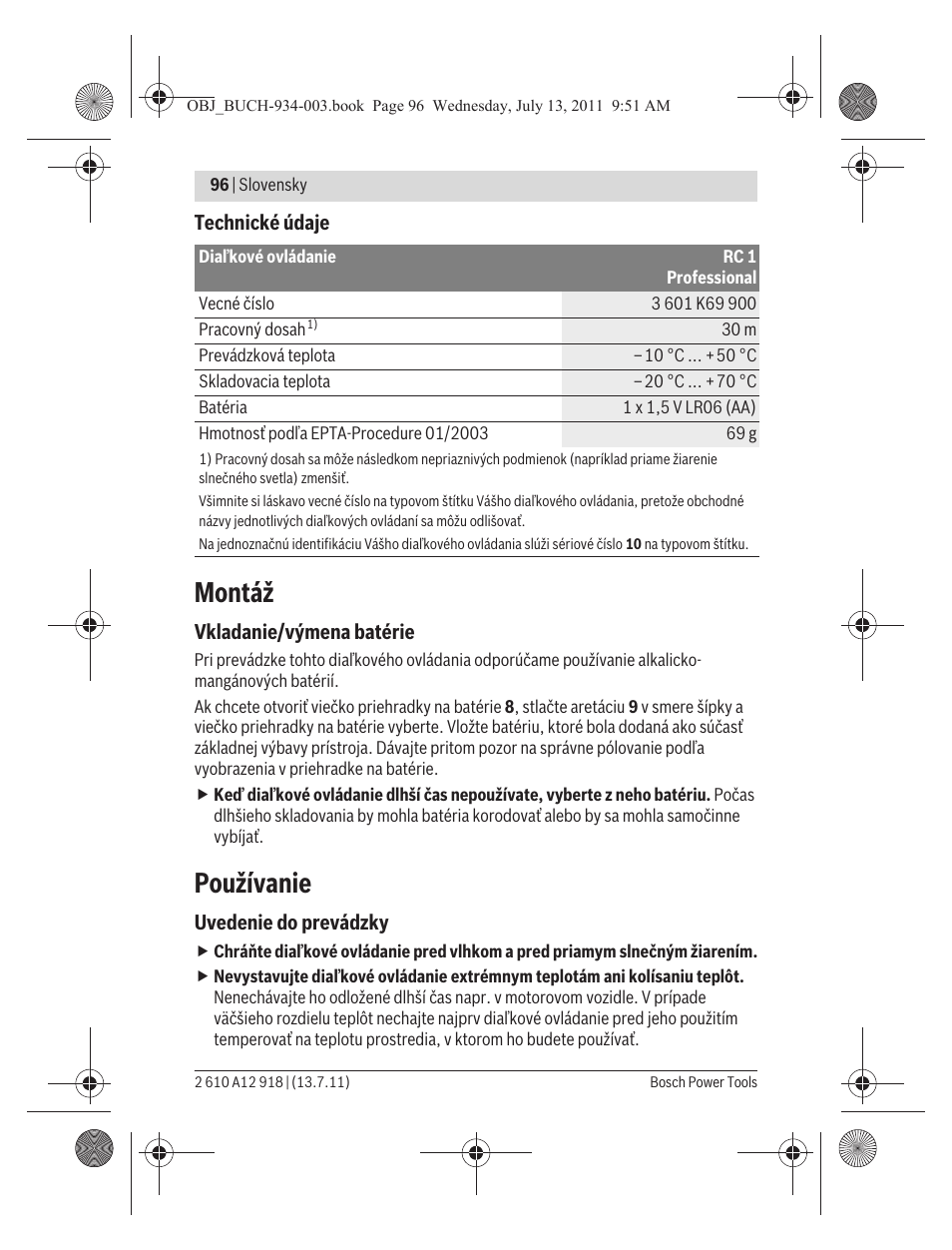 Montáž, Používanie | Bosch RC 1 Professional User Manual | Page 96 / 188