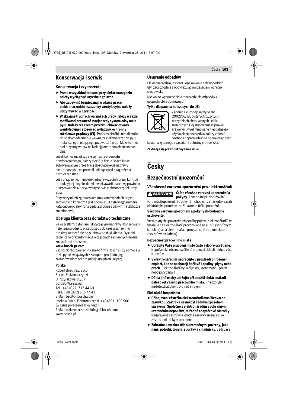 Česky, Konserwacja i serwis, Bezpečnostní upozornění | Bosch GOF 2000 CE Professional User Manual | Page 103 / 210