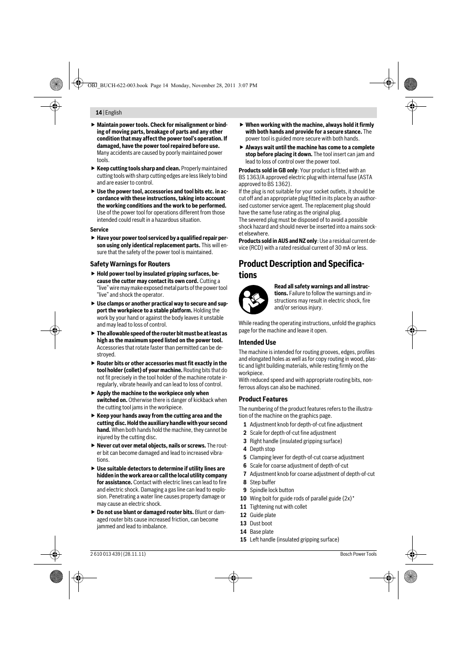 Product description and specifica- tions | Bosch GOF 2000 CE Professional User Manual | Page 14 / 210
