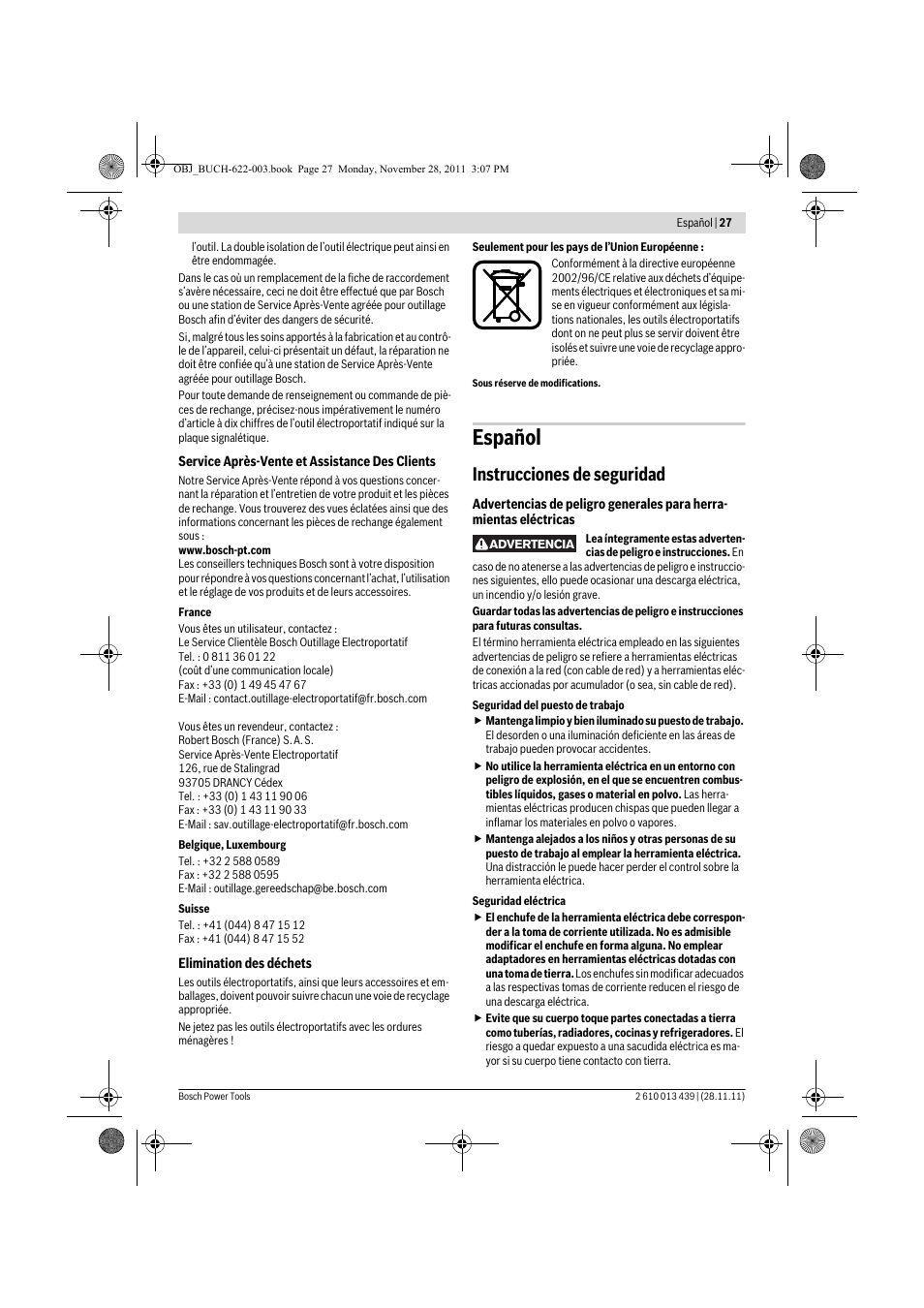 Español, Instrucciones de seguridad | Bosch GOF 2000 CE Professional User Manual | Page 27 / 210