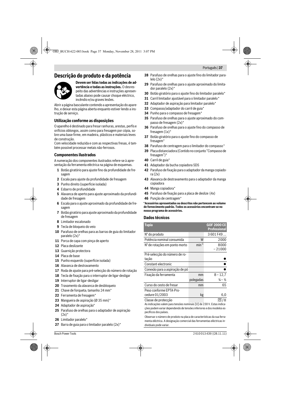 Descrição do produto e da potência | Bosch GOF 2000 CE Professional User Manual | Page 37 / 210