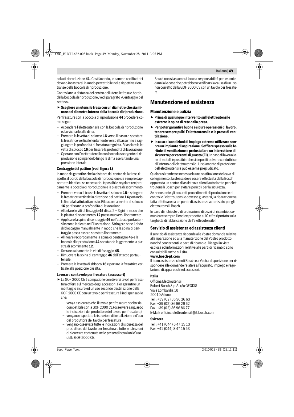 Manutenzione ed assistenza | Bosch GOF 2000 CE Professional User Manual | Page 49 / 210