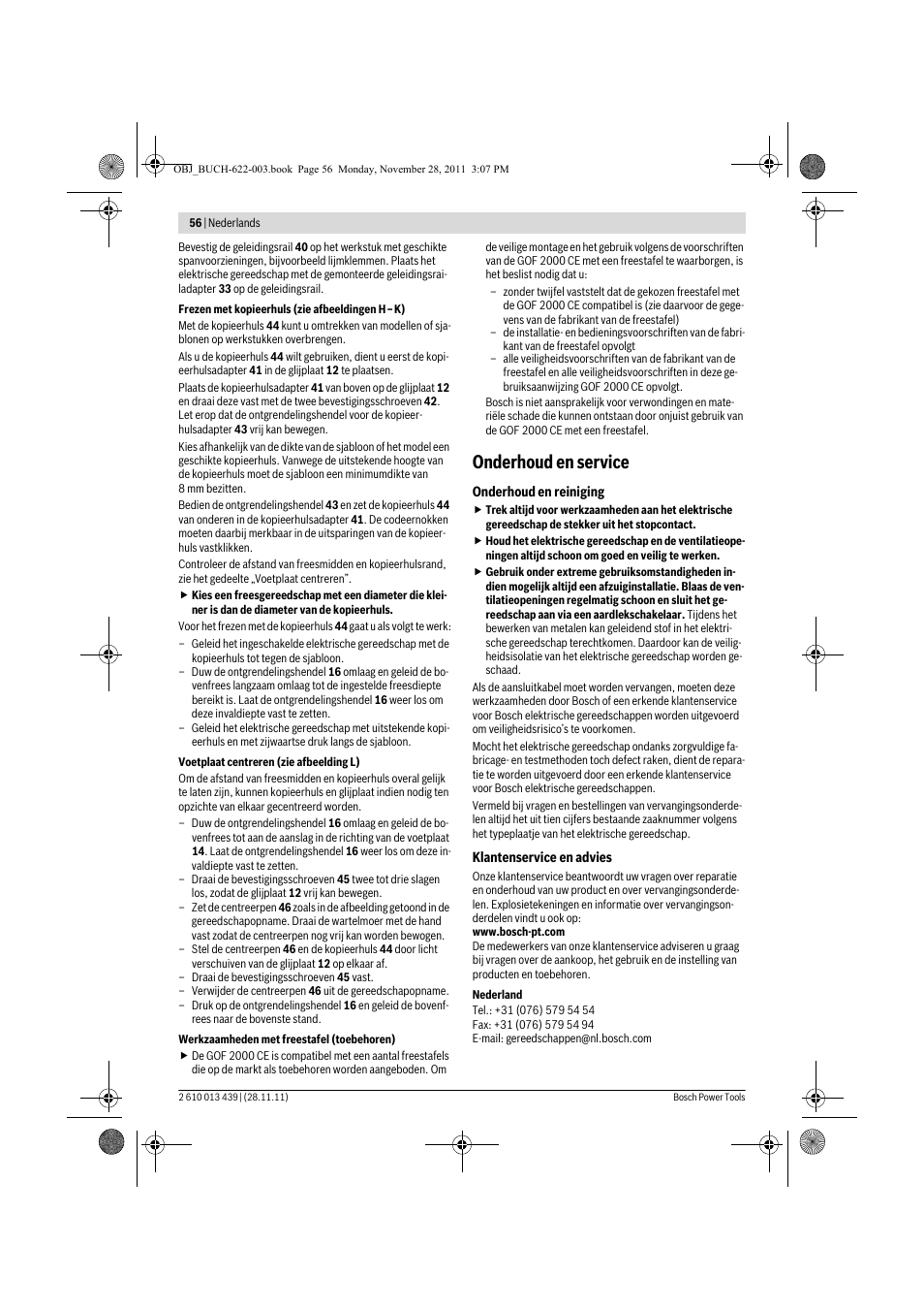 Onderhoud en service | Bosch GOF 2000 CE Professional User Manual | Page 56 / 210