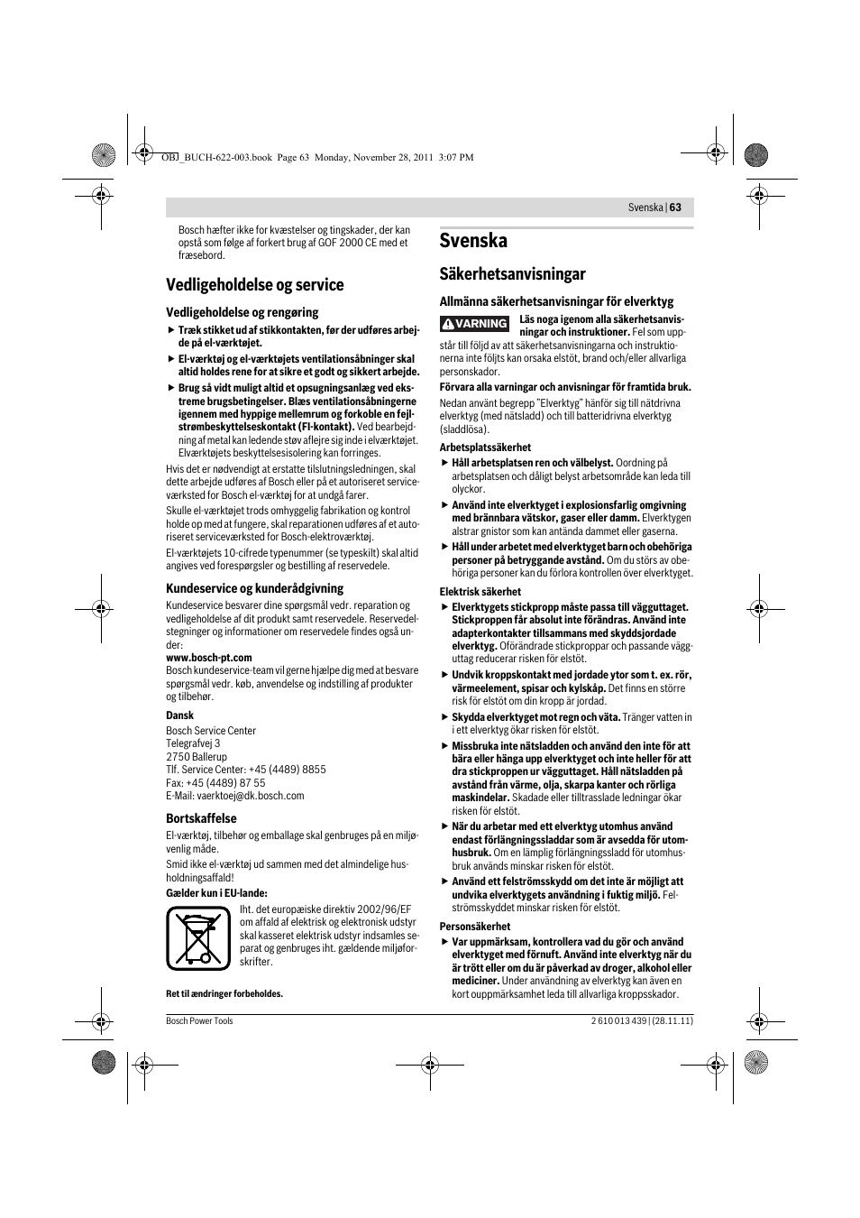 Svenska, Vedligeholdelse og service, Säkerhetsanvisningar | Bosch GOF 2000 CE Professional User Manual | Page 63 / 210