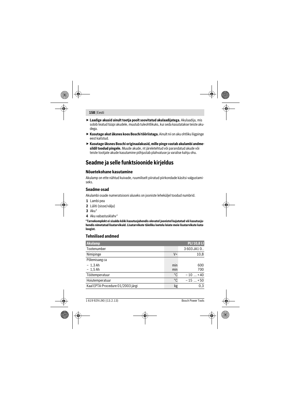 Seadme ja selle funktsioonide kirjeldus | Bosch PLI 10,8 LI User Manual | Page 158 / 179