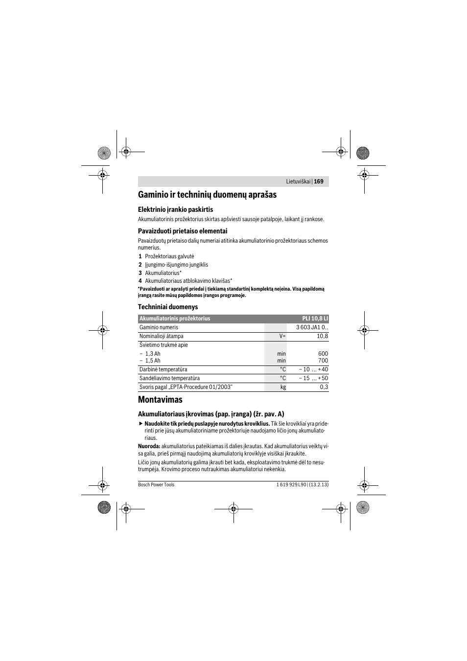 Gaminio ir techninių duomenų aprašas, Montavimas | Bosch PLI 10,8 LI User Manual | Page 169 / 179