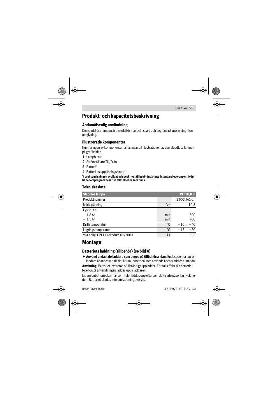 Produkt- och kapacitetsbeskrivning, Montage | Bosch PLI 10,8 LI User Manual | Page 55 / 179