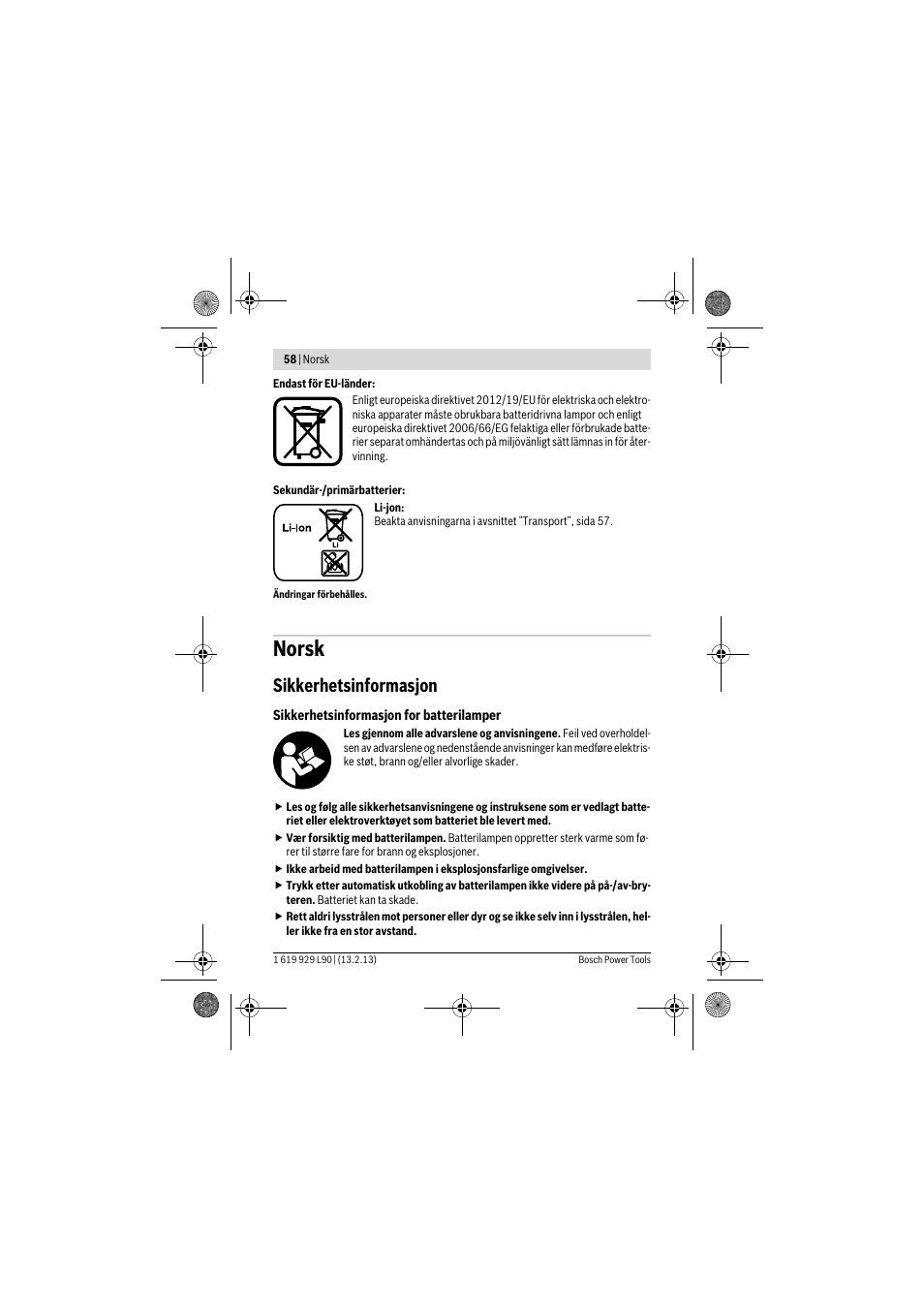 Norsk, Sikkerhetsinformasjon | Bosch PLI 10,8 LI User Manual | Page 58 / 179