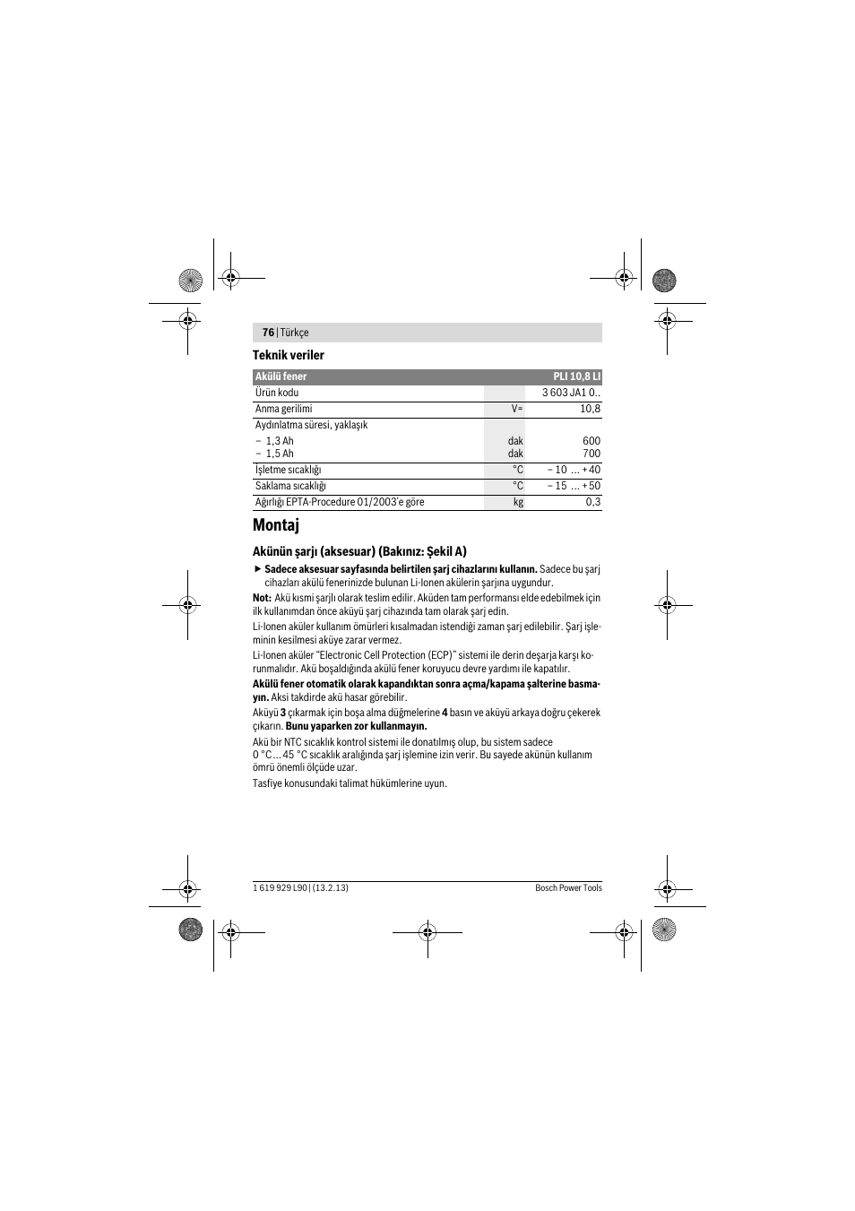 Montaj | Bosch PLI 10,8 LI User Manual | Page 76 / 179