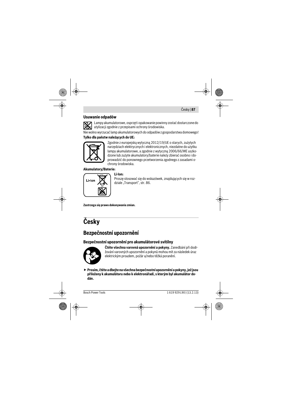 Česky, Bezpečnostní upozornění | Bosch PLI 10,8 LI User Manual | Page 87 / 179