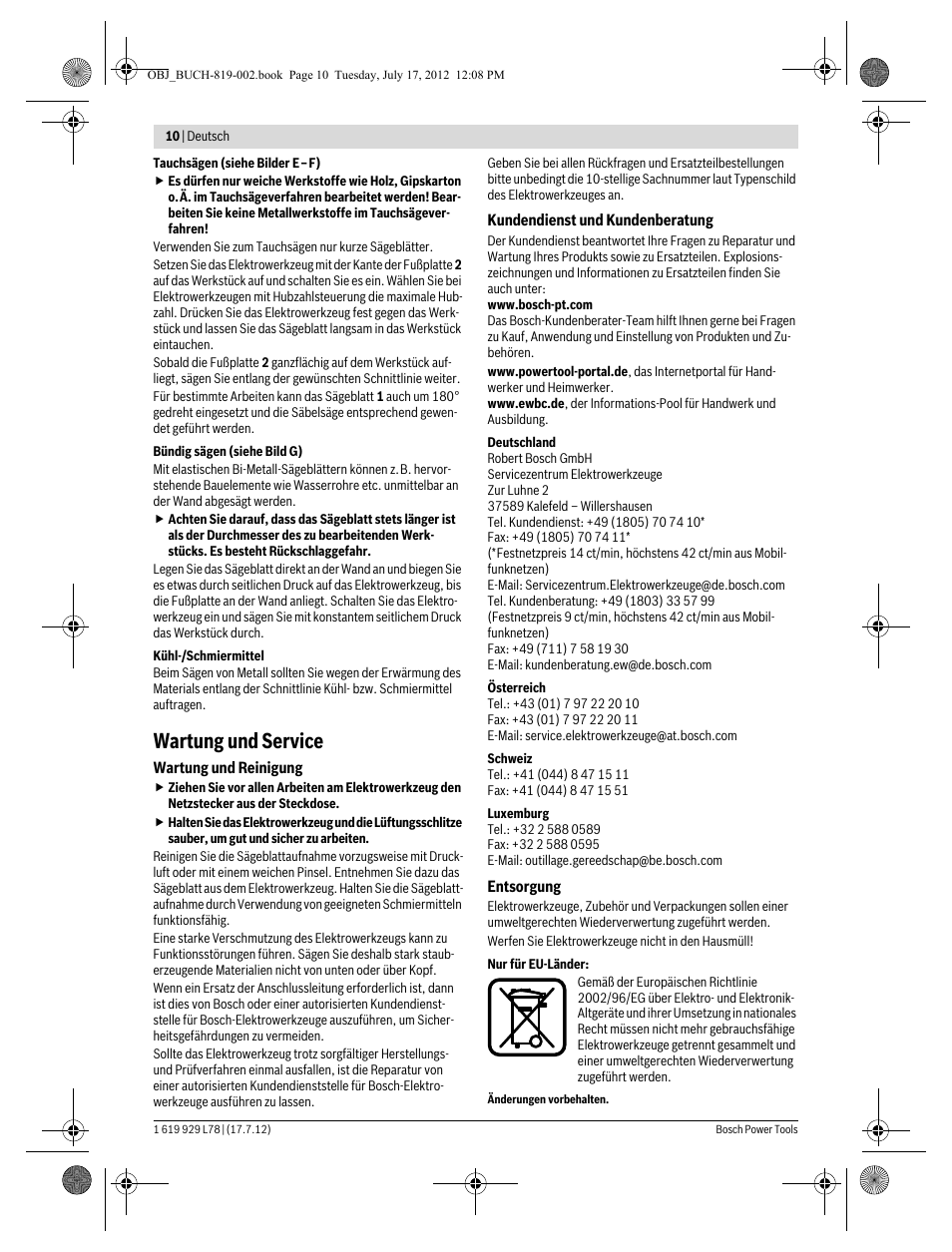 Wartung und service | Bosch GSA 1100 E Professional User Manual | Page 10 / 144