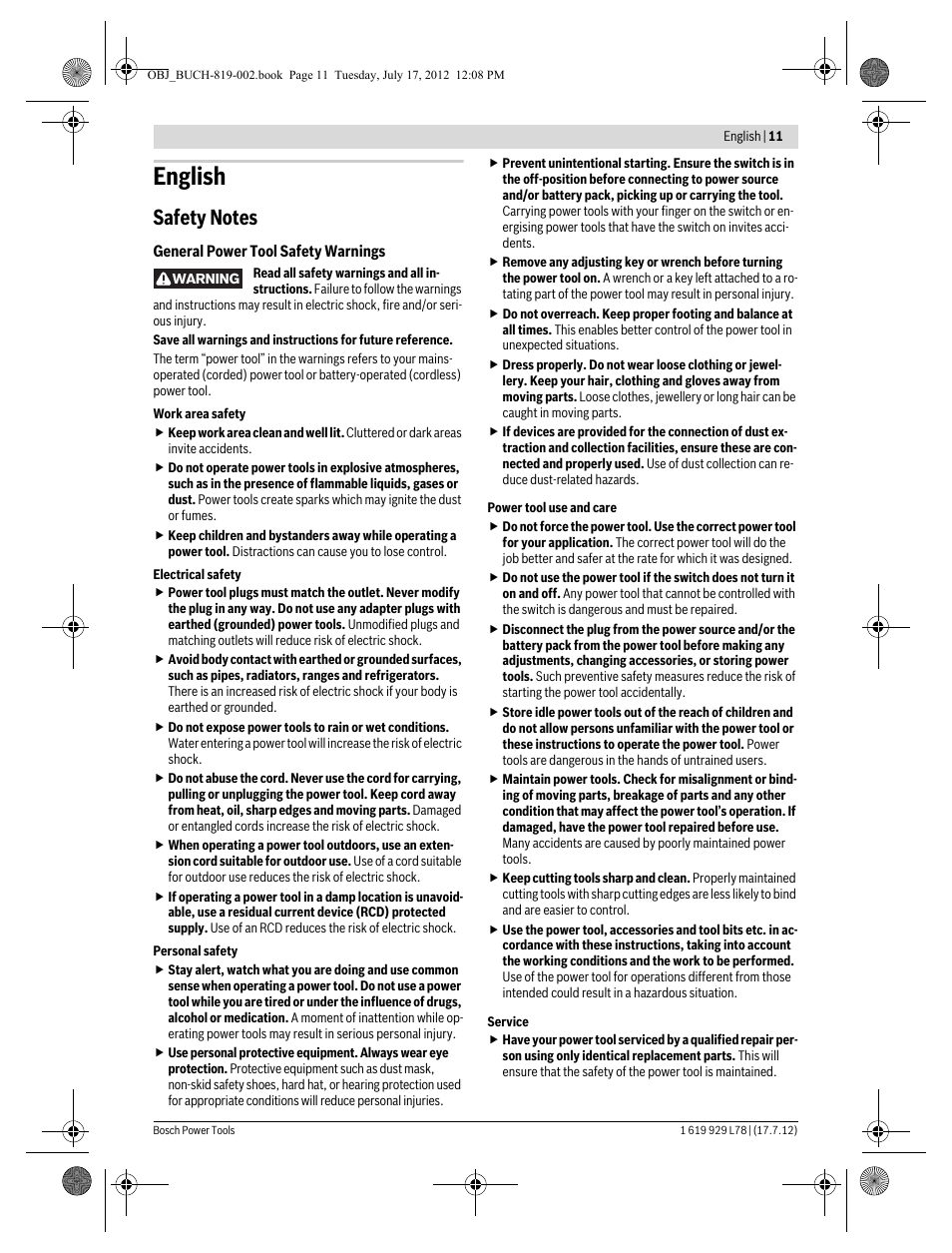 English | Bosch GSA 1100 E Professional User Manual | Page 11 / 144