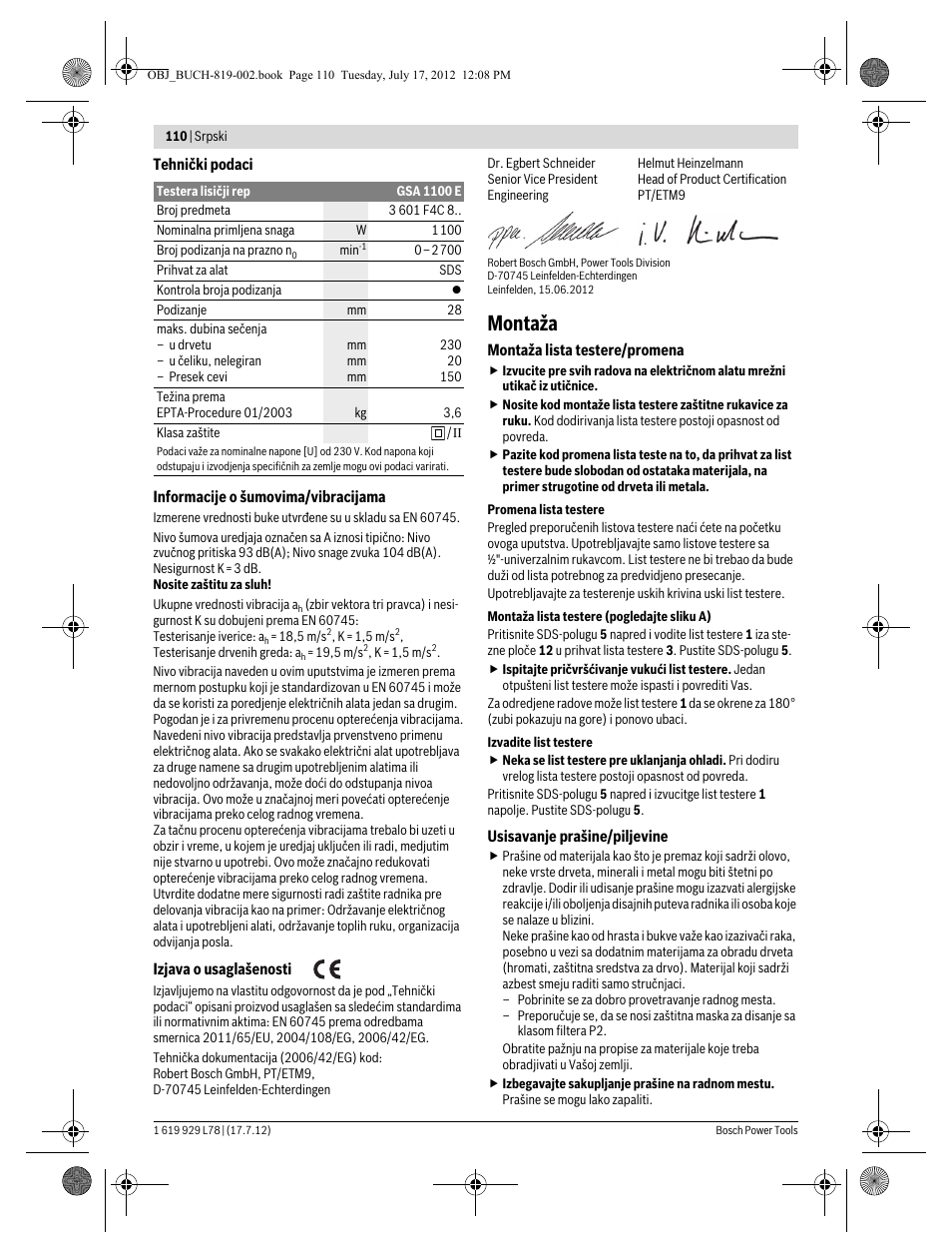 Montaža | Bosch GSA 1100 E Professional User Manual | Page 110 / 144