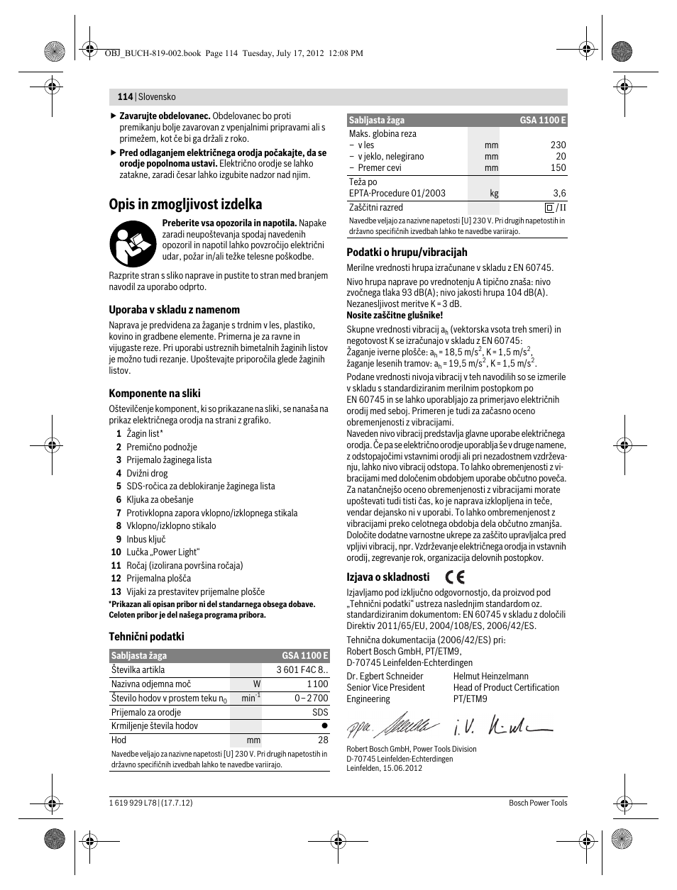 Opis in zmogljivost izdelka | Bosch GSA 1100 E Professional User Manual | Page 114 / 144