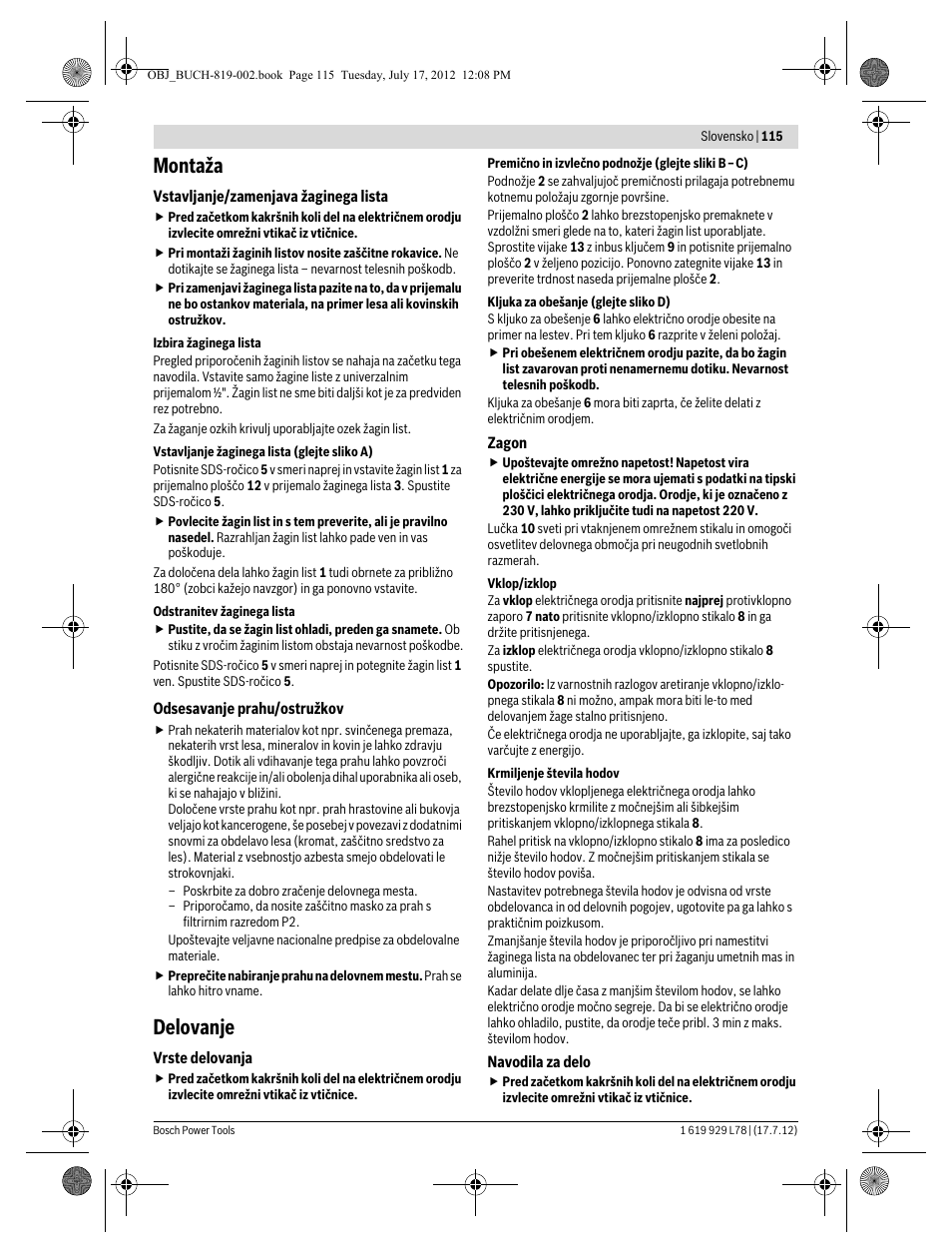 Montaža, Delovanje | Bosch GSA 1100 E Professional User Manual | Page 115 / 144