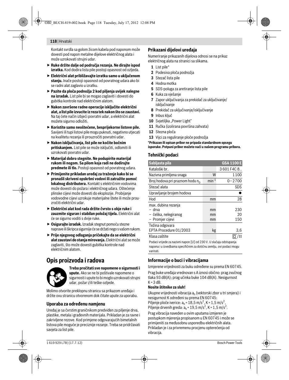 Opis proizvoda i radova | Bosch GSA 1100 E Professional User Manual | Page 118 / 144