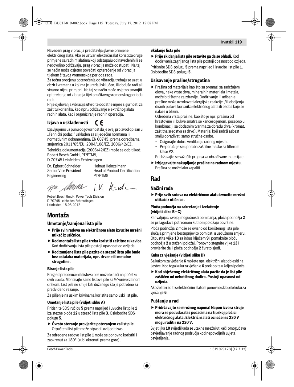 Montaža | Bosch GSA 1100 E Professional User Manual | Page 119 / 144