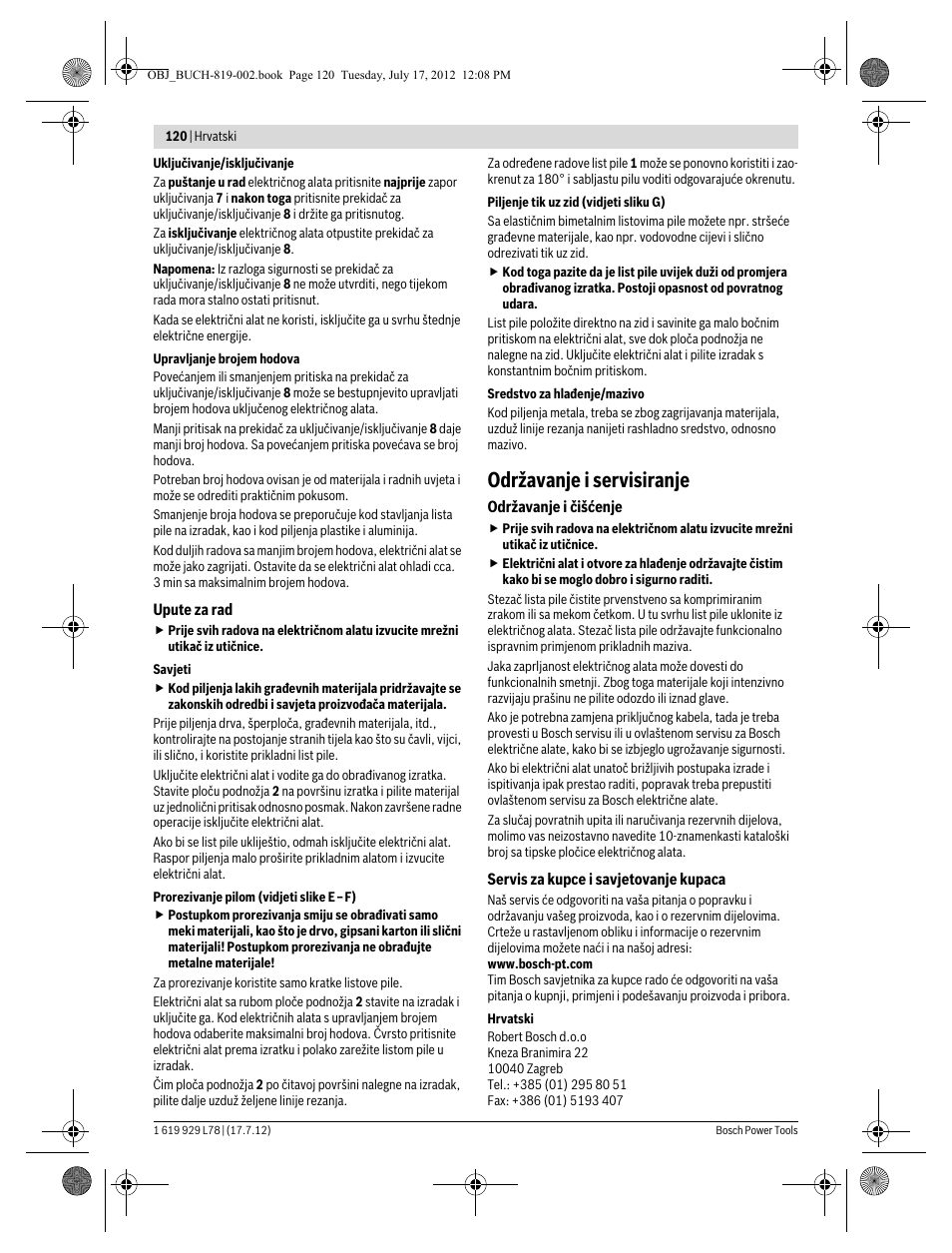 Održavanje i servisiranje | Bosch GSA 1100 E Professional User Manual | Page 120 / 144