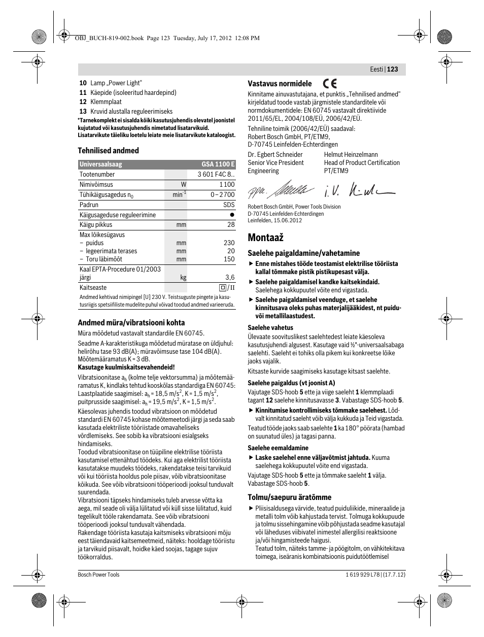 Montaaž | Bosch GSA 1100 E Professional User Manual | Page 123 / 144