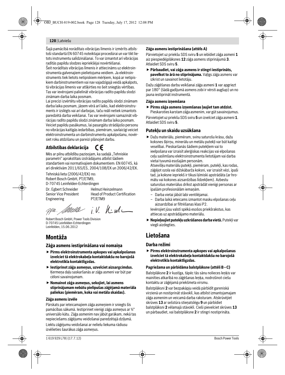 Montāža, Lietošana | Bosch GSA 1100 E Professional User Manual | Page 128 / 144