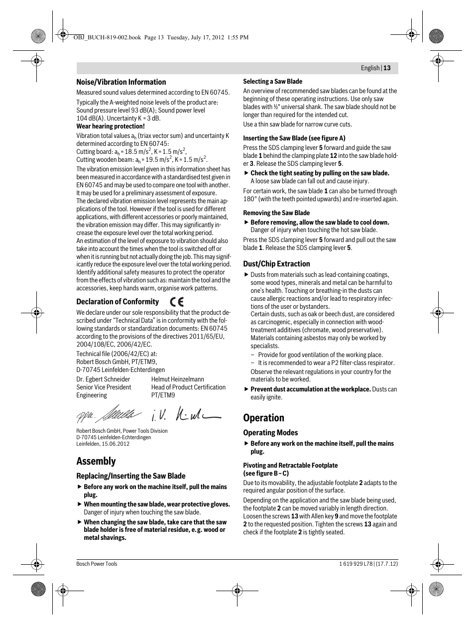 Assembly, Operation | Bosch GSA 1100 E Professional User Manual | Page 13 / 144