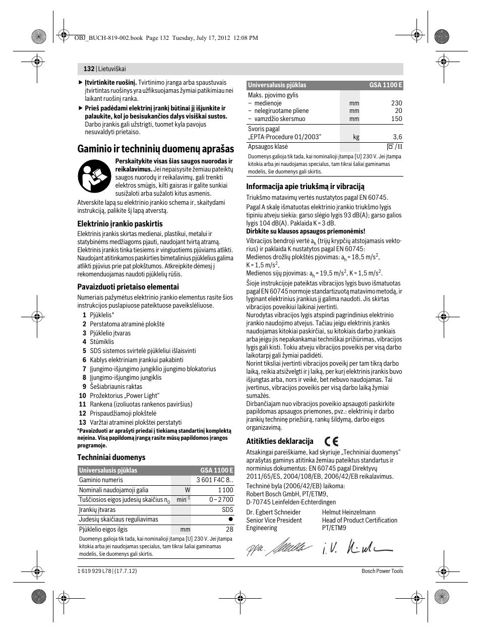 Gaminio ir techninių duomenų aprašas | Bosch GSA 1100 E Professional User Manual | Page 132 / 144