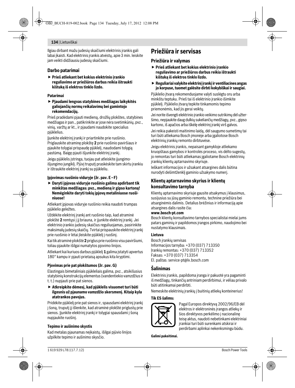 Priežiūra ir servisas | Bosch GSA 1100 E Professional User Manual | Page 134 / 144