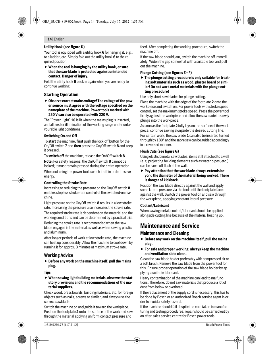 Maintenance and service | Bosch GSA 1100 E Professional User Manual | Page 14 / 144