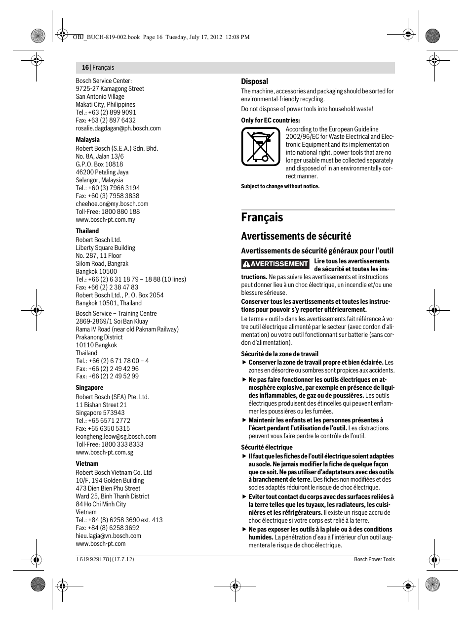 Français, Avertissements de sécurité | Bosch GSA 1100 E Professional User Manual | Page 16 / 144