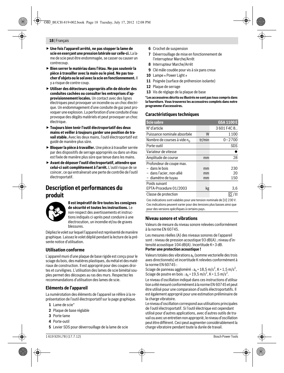 Description et performances du produit | Bosch GSA 1100 E Professional User Manual | Page 18 / 144