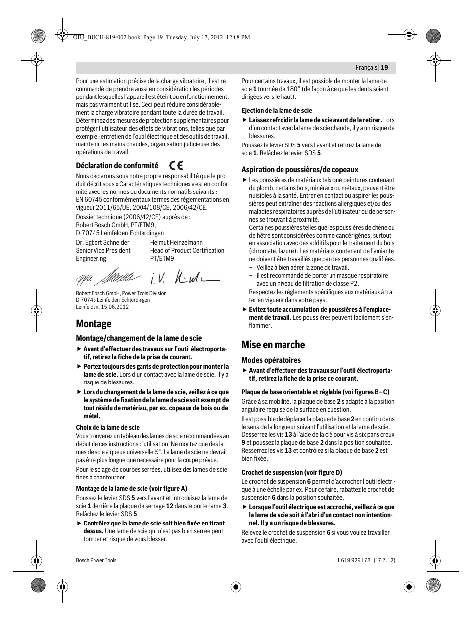 Montage, Mise en marche | Bosch GSA 1100 E Professional User Manual | Page 19 / 144