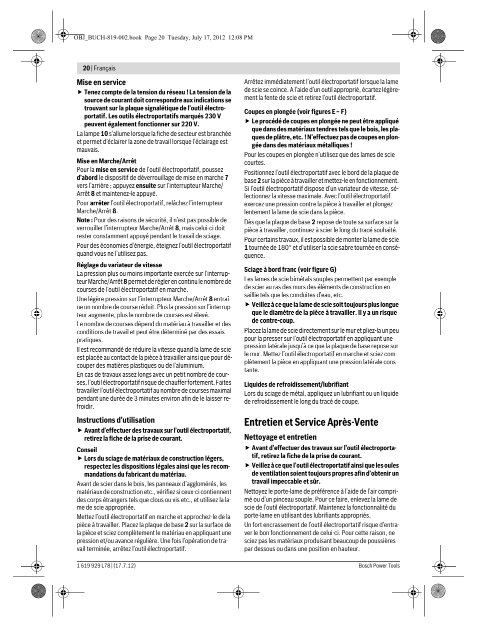 Entretien et service après-vente | Bosch GSA 1100 E Professional User Manual | Page 20 / 144