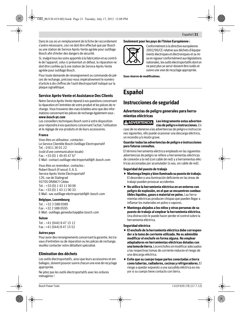 Español, Instrucciones de seguridad | Bosch GSA 1100 E Professional User Manual | Page 21 / 144