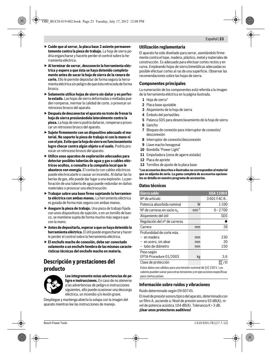 Descripción y prestaciones del producto | Bosch GSA 1100 E Professional User Manual | Page 23 / 144