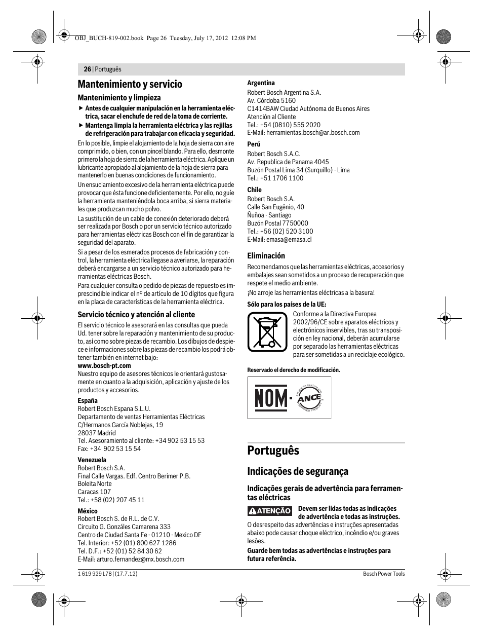 Português, Mantenimiento y servicio, Indicações de segurança | Bosch GSA 1100 E Professional User Manual | Page 26 / 144