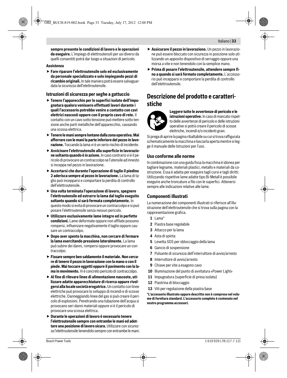 Descrizione del prodotto e caratteri- stiche | Bosch GSA 1100 E Professional User Manual | Page 33 / 144