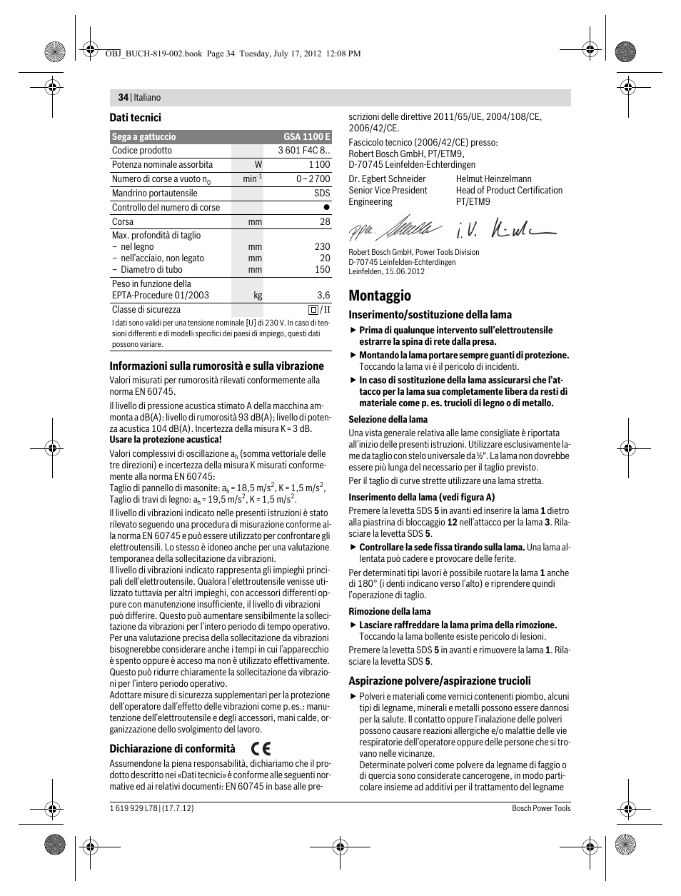 Montaggio | Bosch GSA 1100 E Professional User Manual | Page 34 / 144