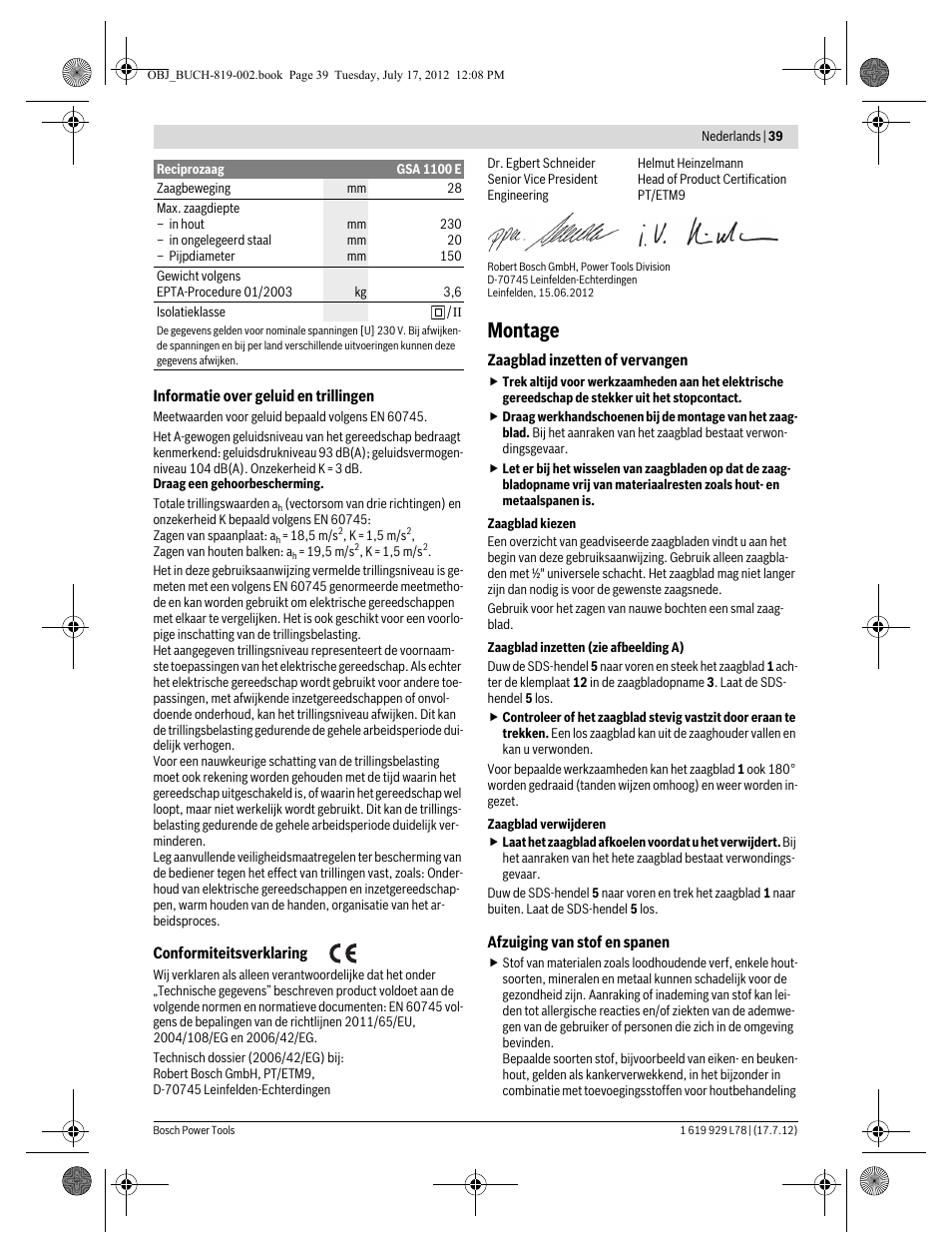 Montage | Bosch GSA 1100 E Professional User Manual | Page 39 / 144