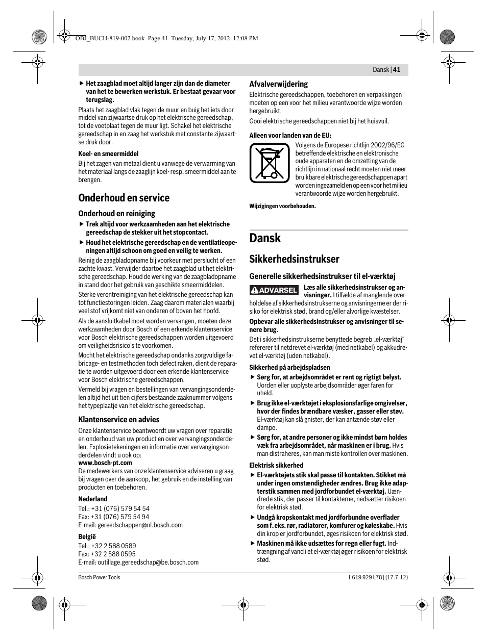 Dansk, Onderhoud en service, Sikkerhedsinstrukser | Bosch GSA 1100 E Professional User Manual | Page 41 / 144