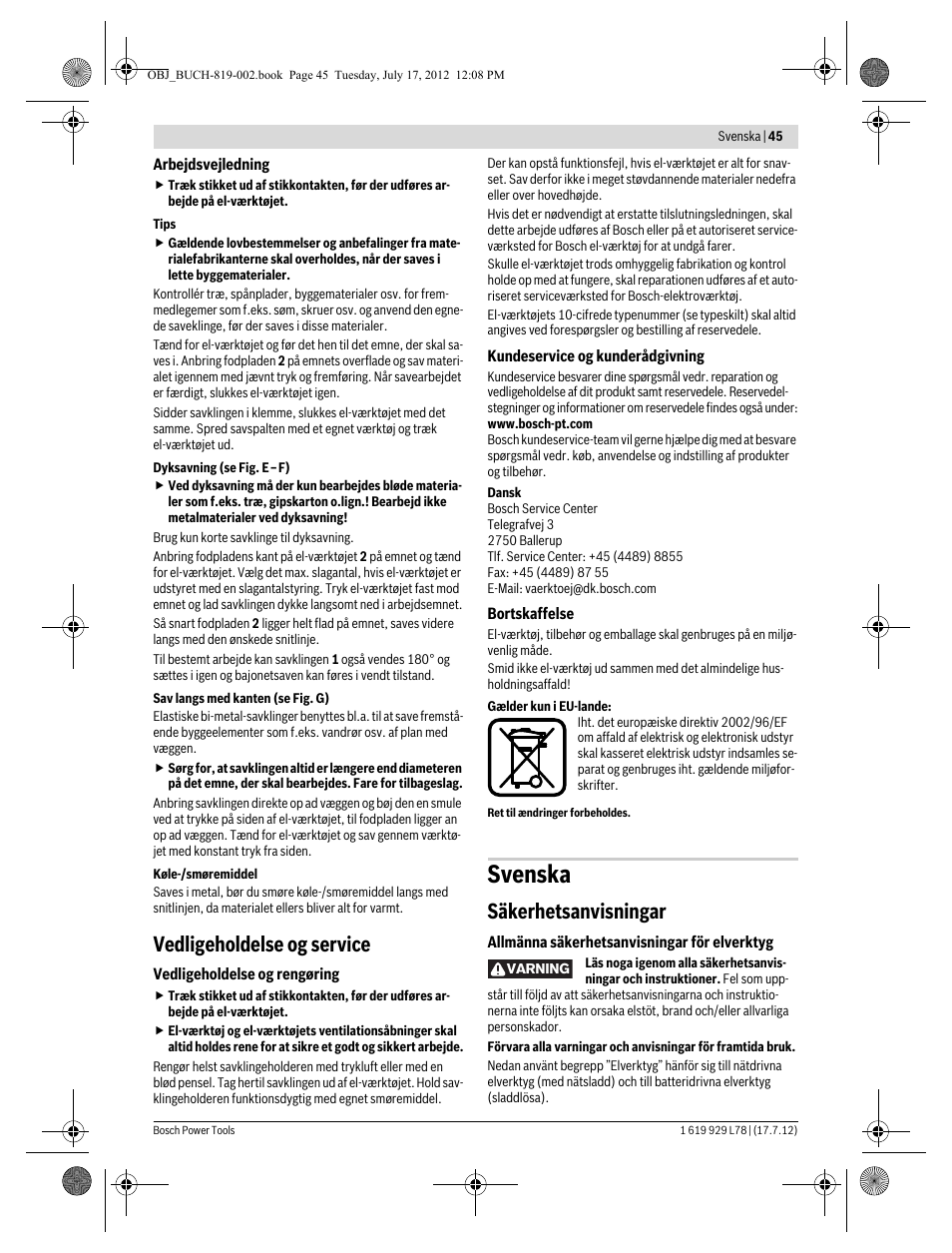 Svenska, Vedligeholdelse og service, Säkerhetsanvisningar | Bosch GSA 1100 E Professional User Manual | Page 45 / 144