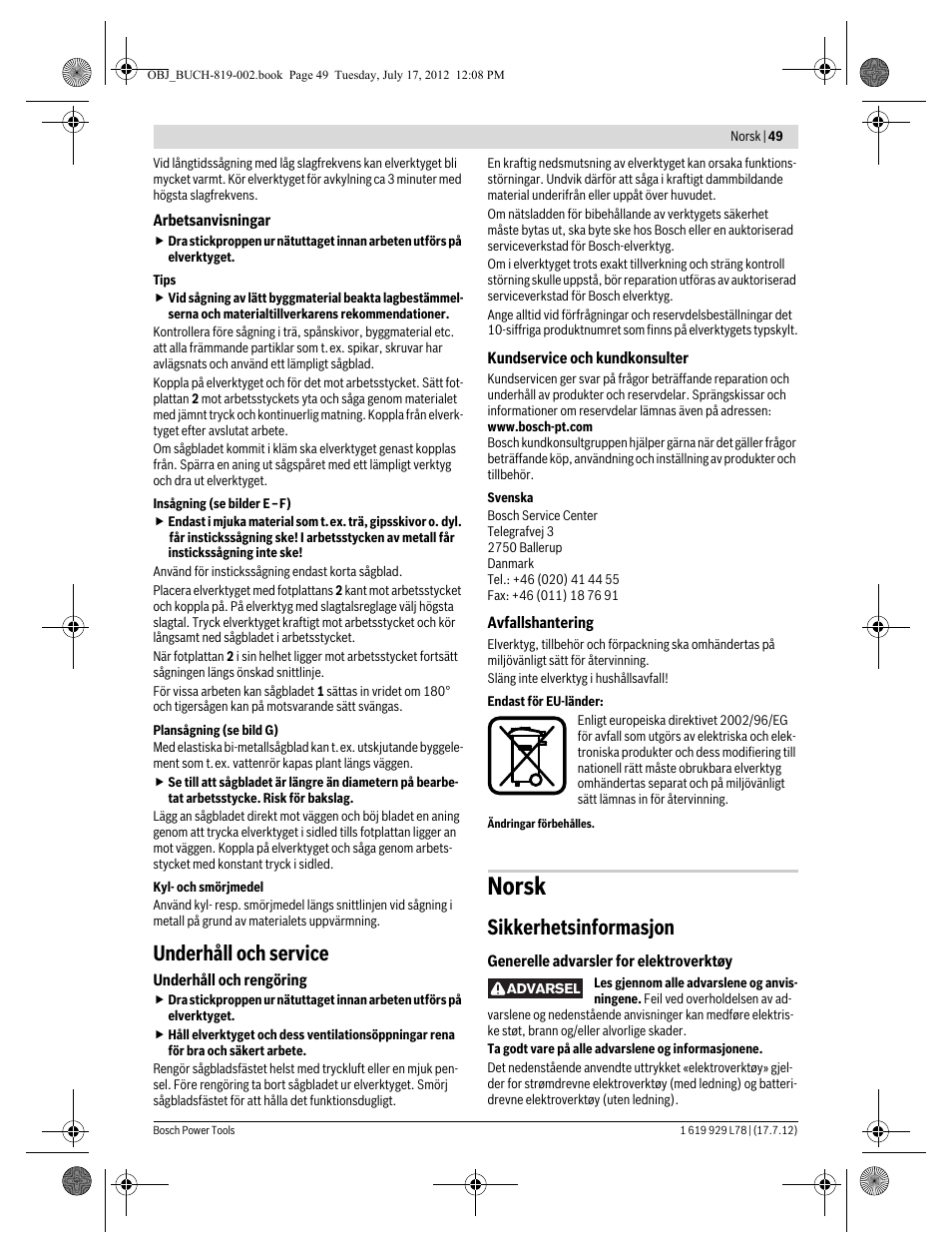 Norsk, Underhåll och service, Sikkerhetsinformasjon | Bosch GSA 1100 E Professional User Manual | Page 49 / 144