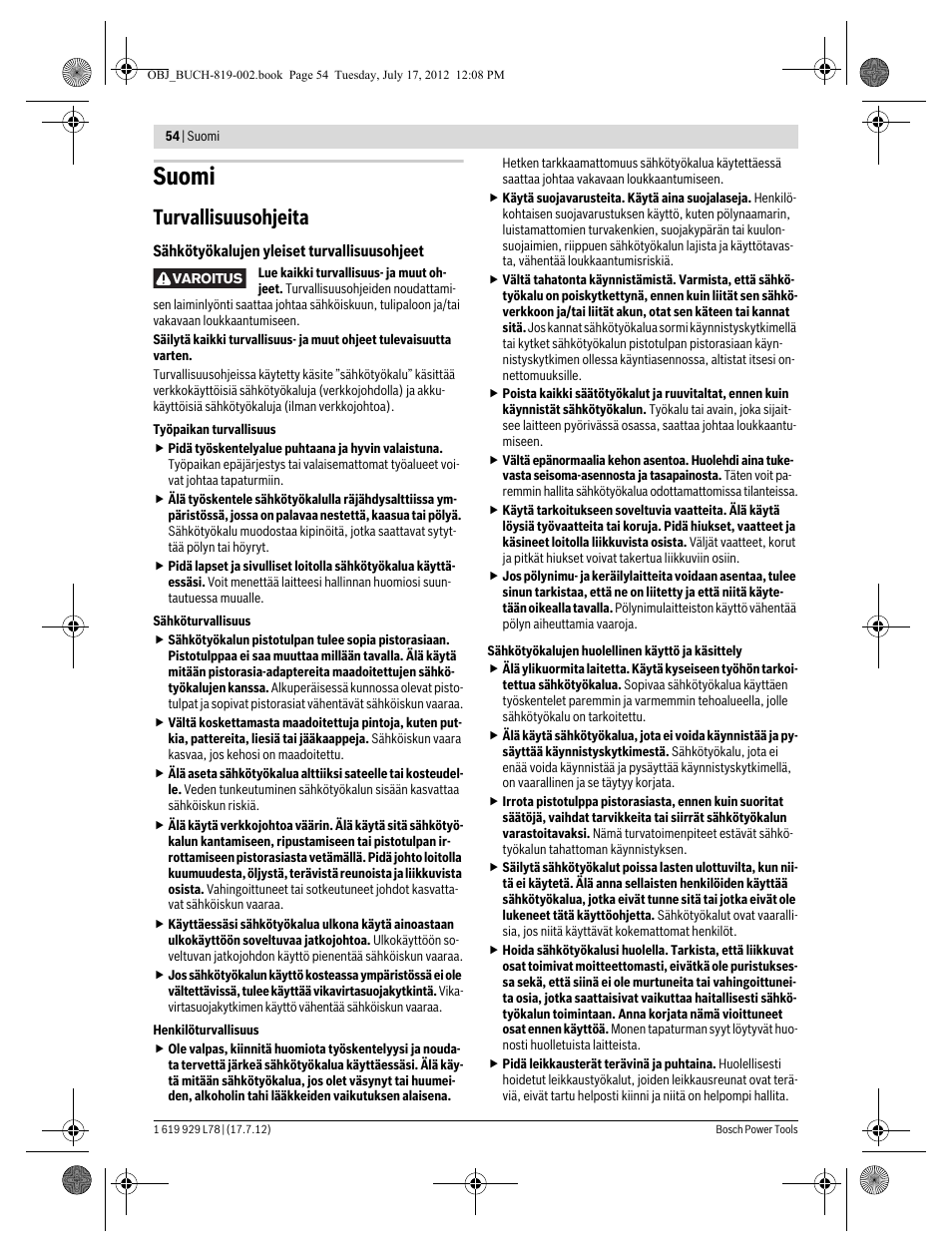 Suomi, Turvallisuusohjeita | Bosch GSA 1100 E Professional User Manual | Page 54 / 144