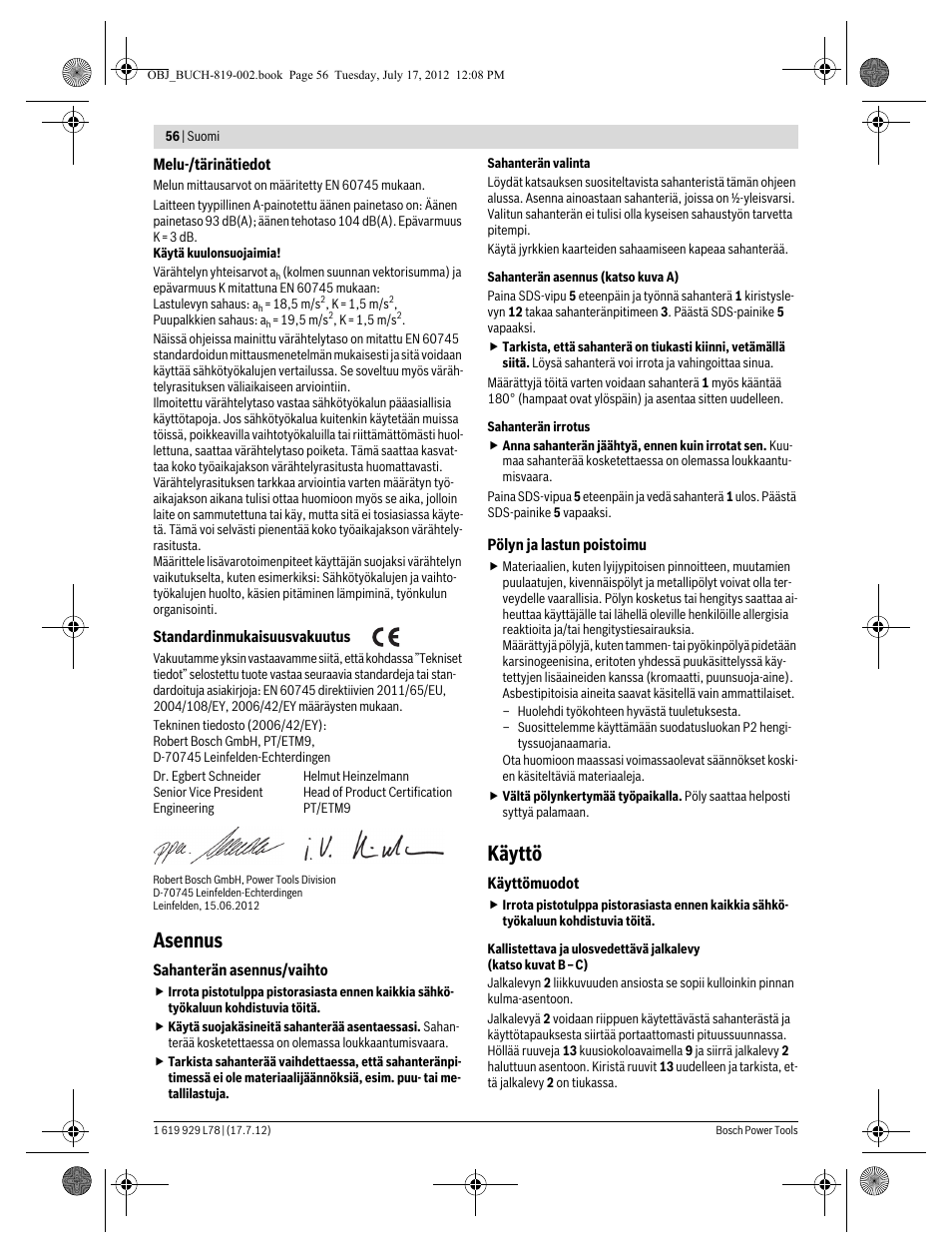 Asennus, Käyttö | Bosch GSA 1100 E Professional User Manual | Page 56 / 144