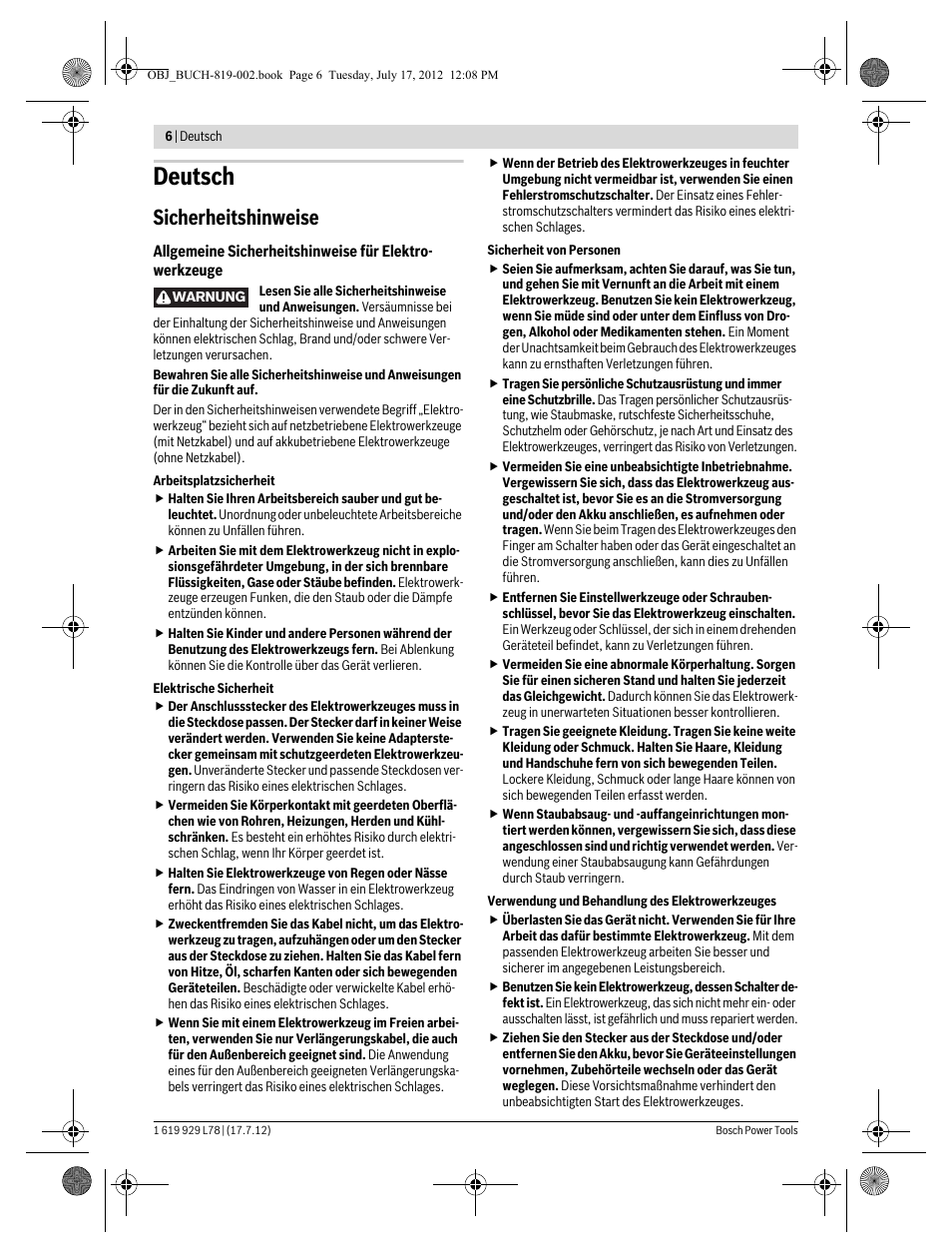 Deutsch, Sicherheitshinweise | Bosch GSA 1100 E Professional User Manual | Page 6 / 144