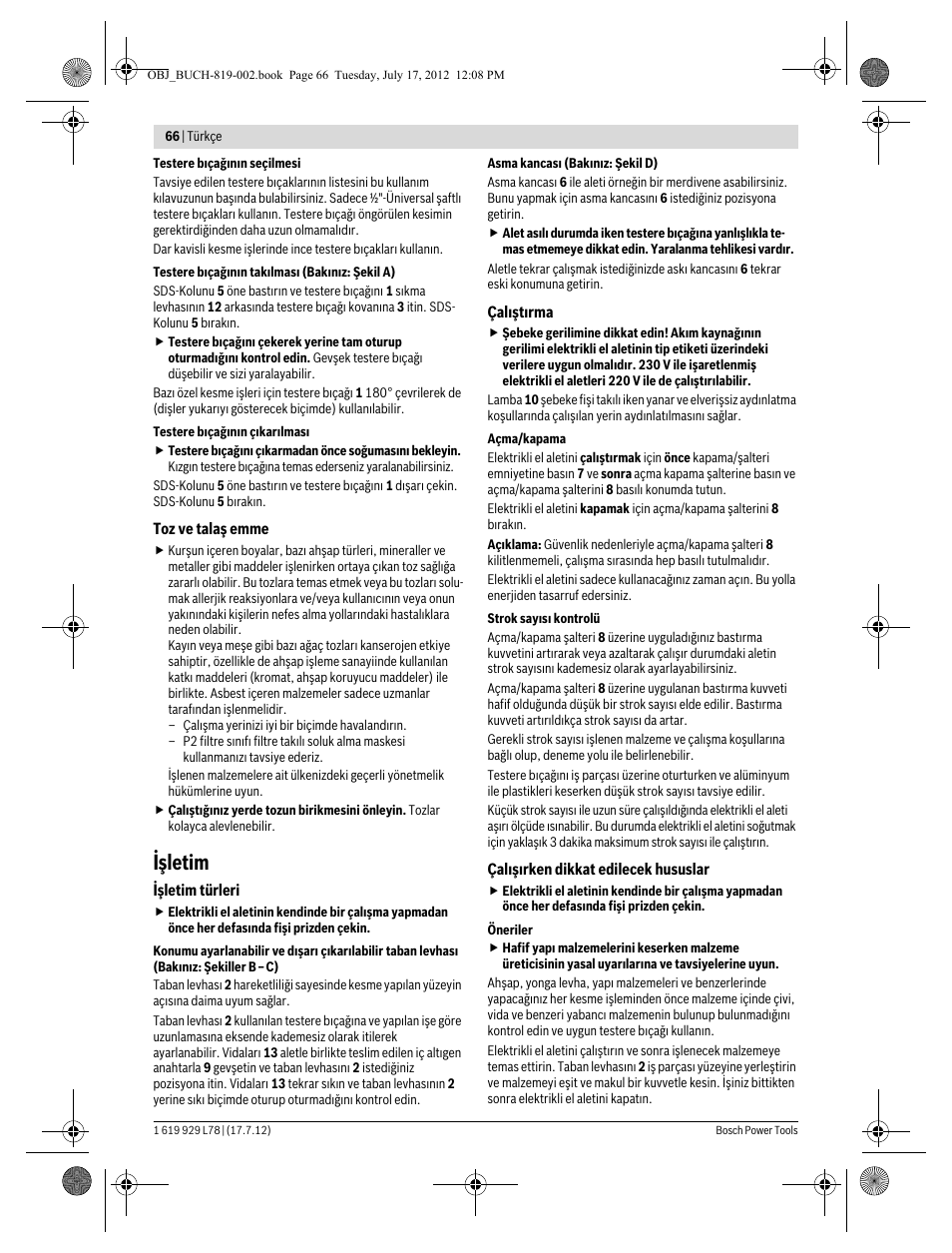 Işletim | Bosch GSA 1100 E Professional User Manual | Page 66 / 144
