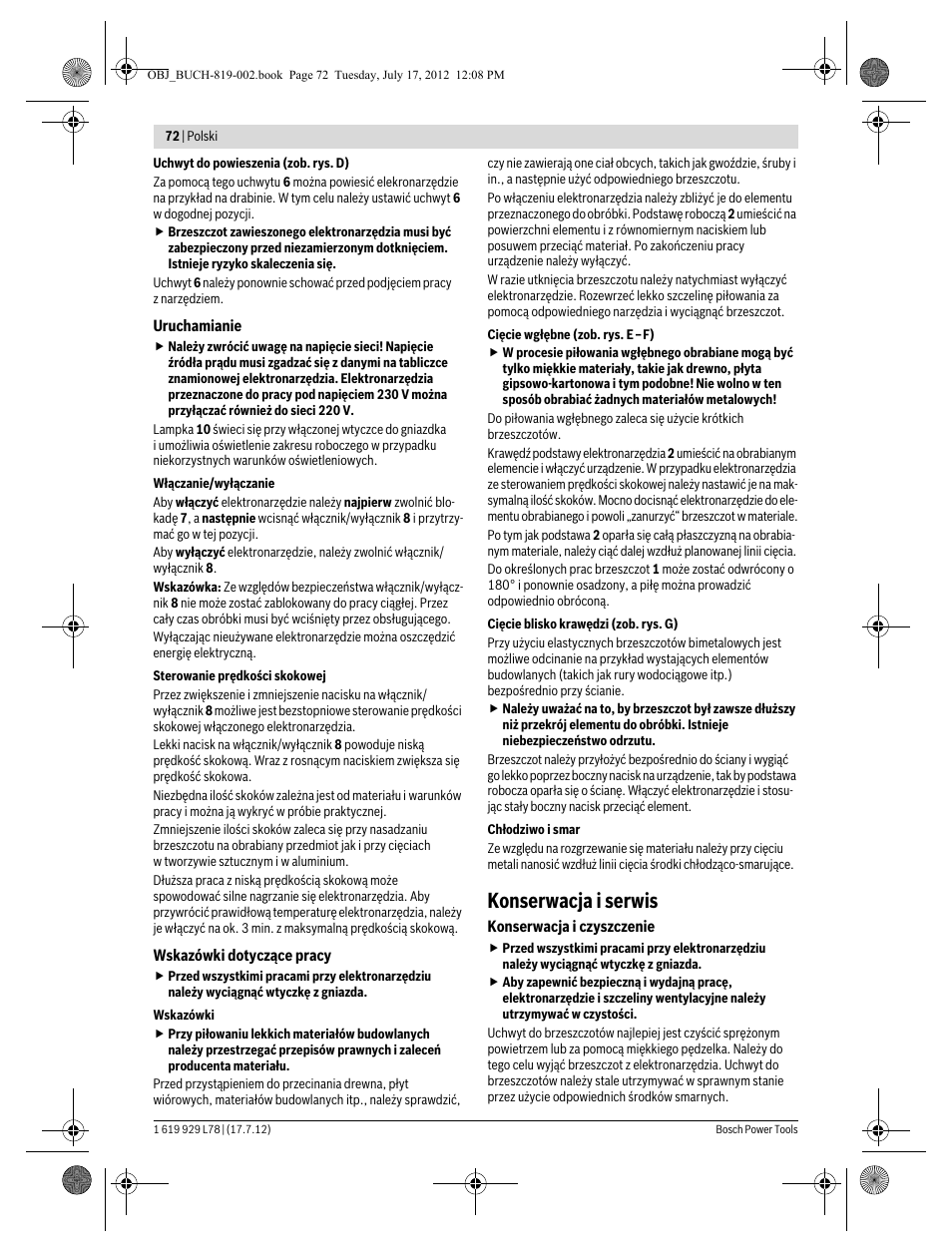 Konserwacja i serwis | Bosch GSA 1100 E Professional User Manual | Page 72 / 144