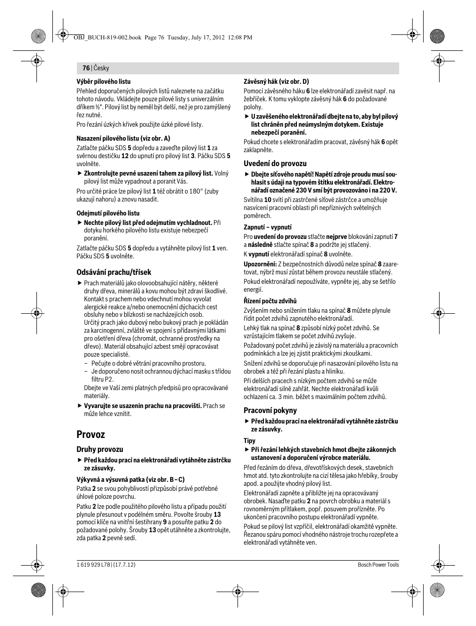 Provoz | Bosch GSA 1100 E Professional User Manual | Page 76 / 144