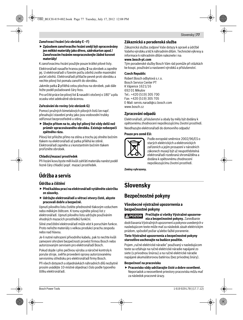 Slovensky, Údržba a servis, Bezpečnostné pokyny | Bosch GSA 1100 E Professional User Manual | Page 77 / 144
