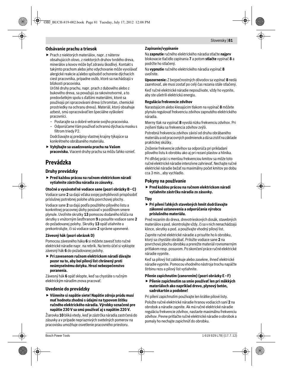 Prevádzka | Bosch GSA 1100 E Professional User Manual | Page 81 / 144